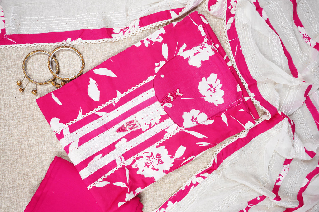 pink cotton printed unstitched salwar suit