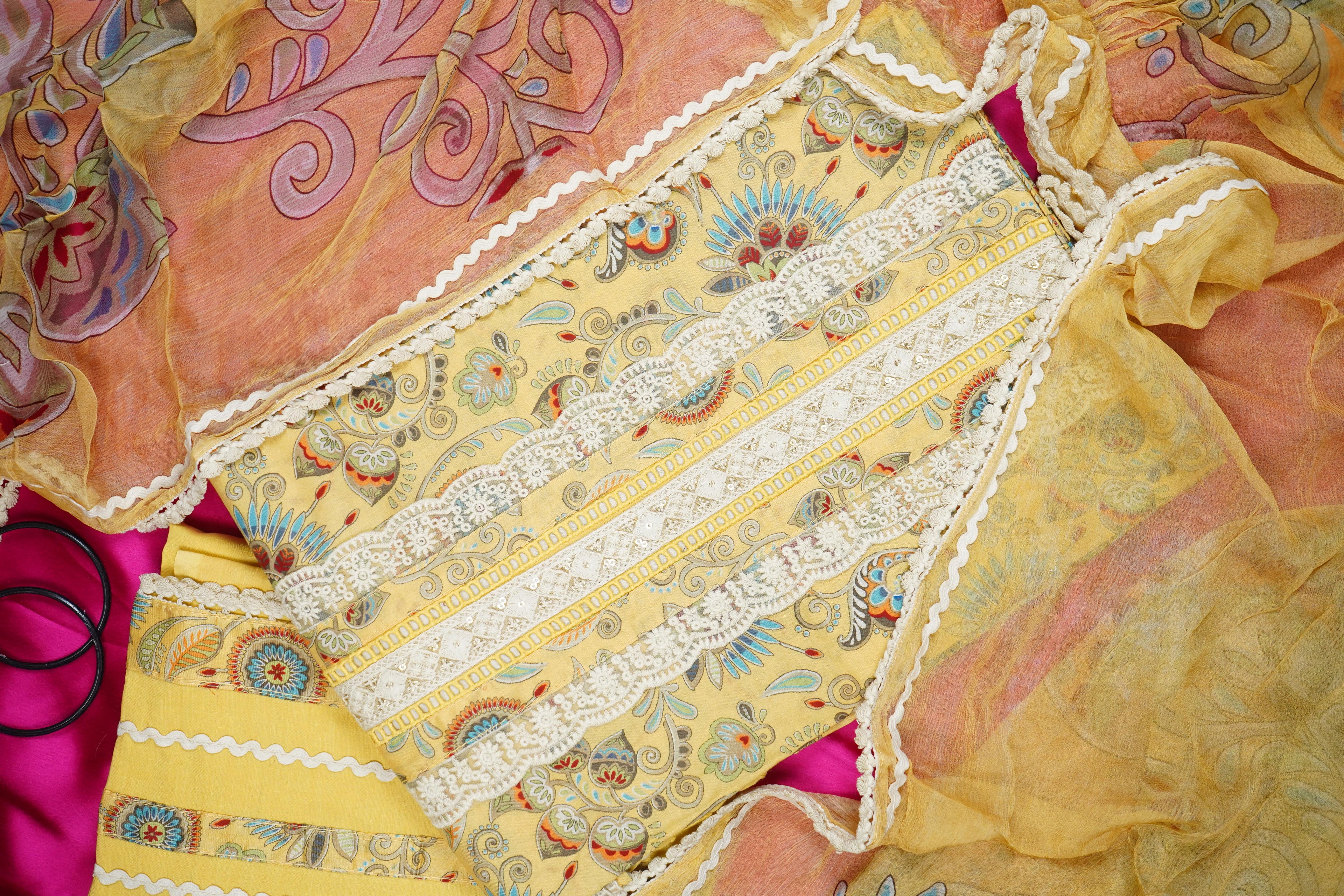 lemon yellow printed cotton unstiched salwar suit