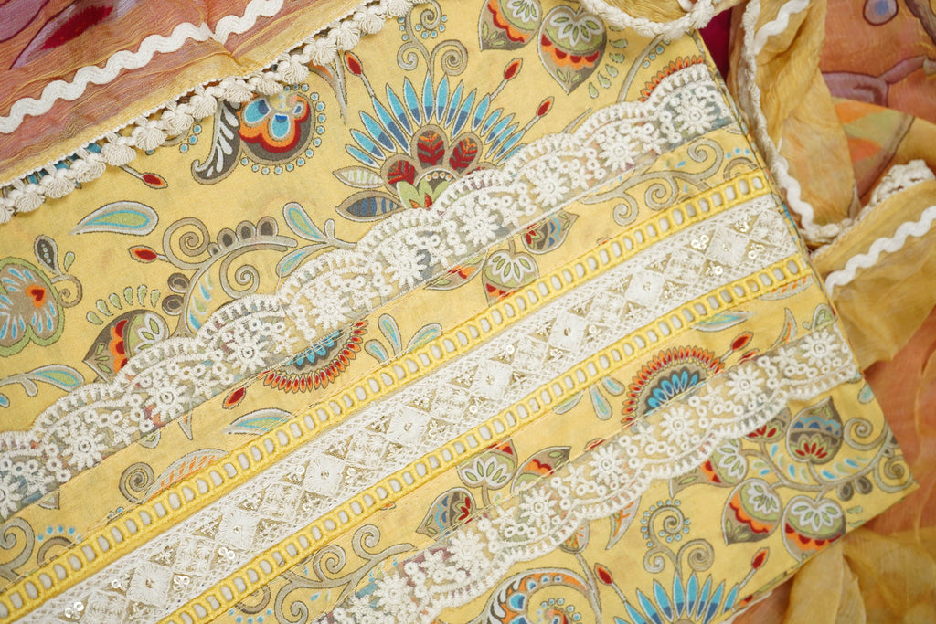 lemon yellow printed cotton unstiched salwar suit