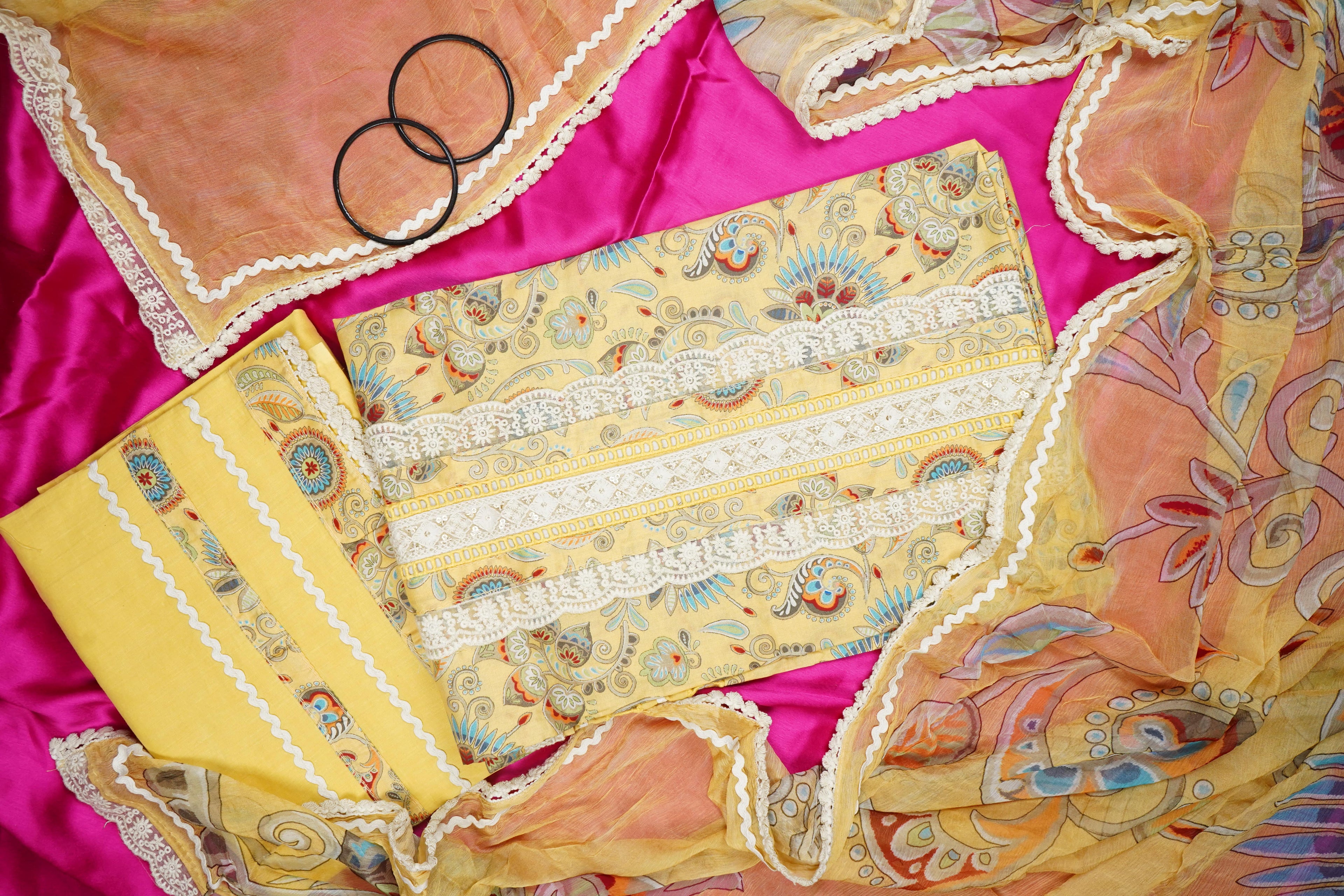 lemon yellow printed cotton unstiched salwar suit