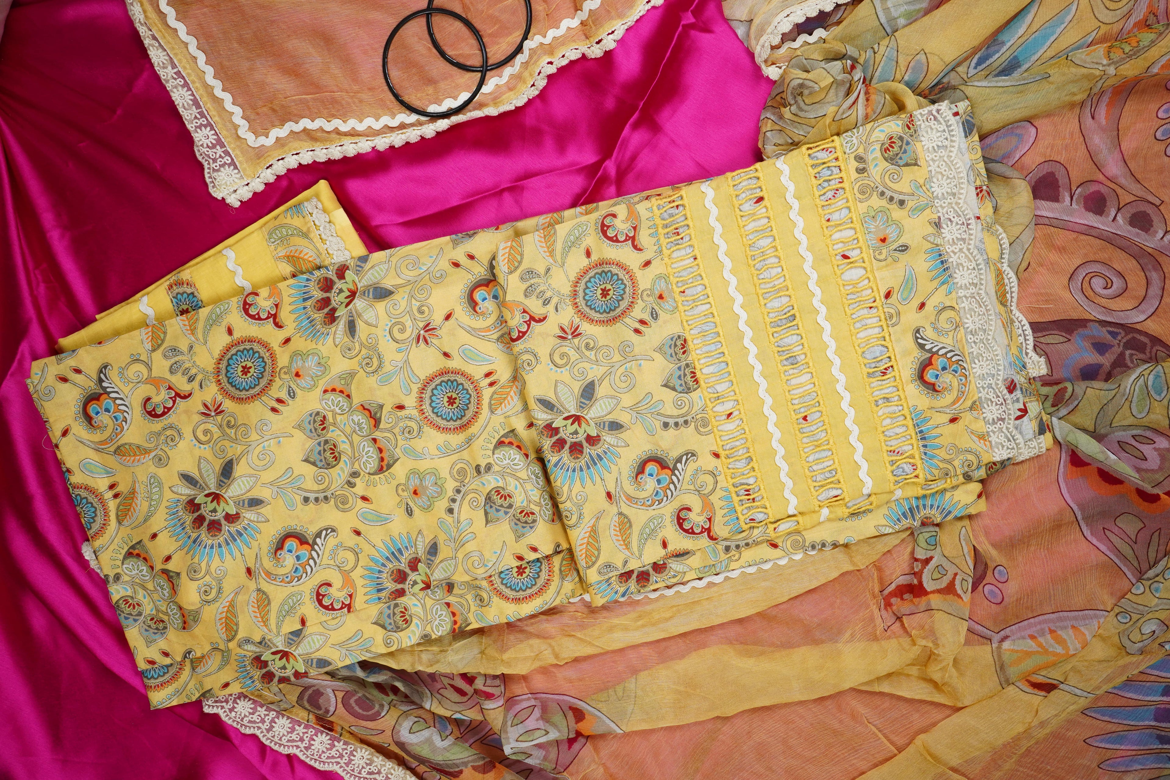 lemon yellow printed cotton unstiched salwar suit