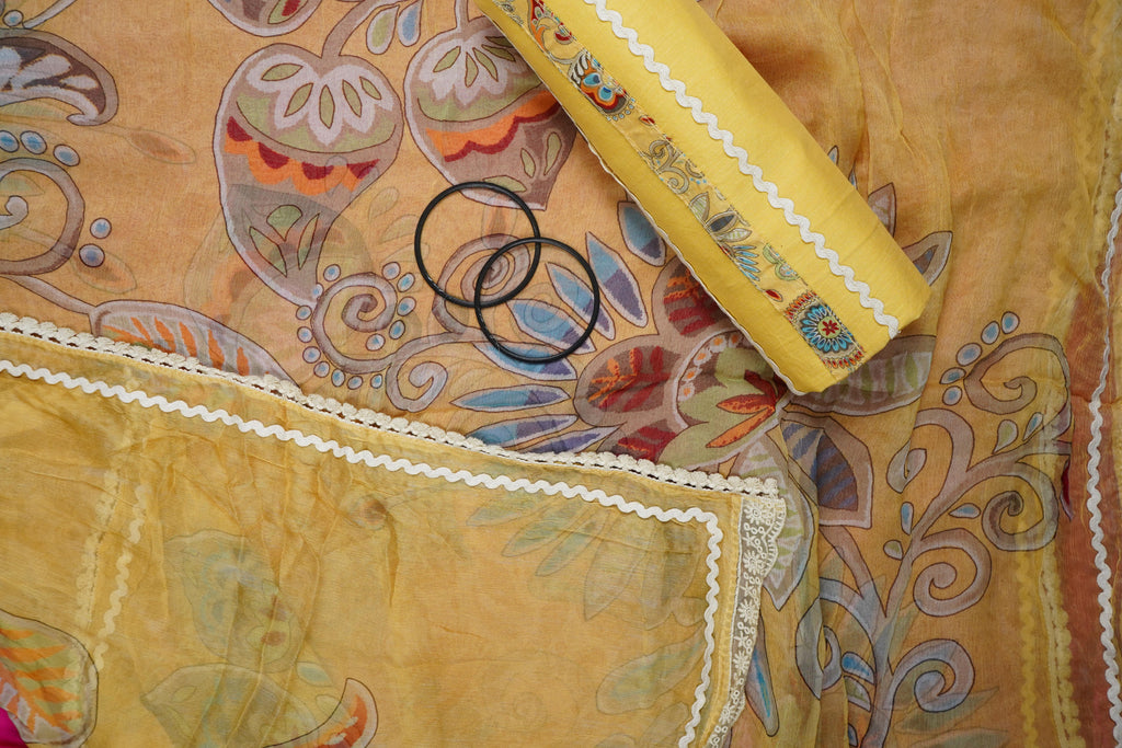 lemon yellow printed cotton unstiched salwar suit