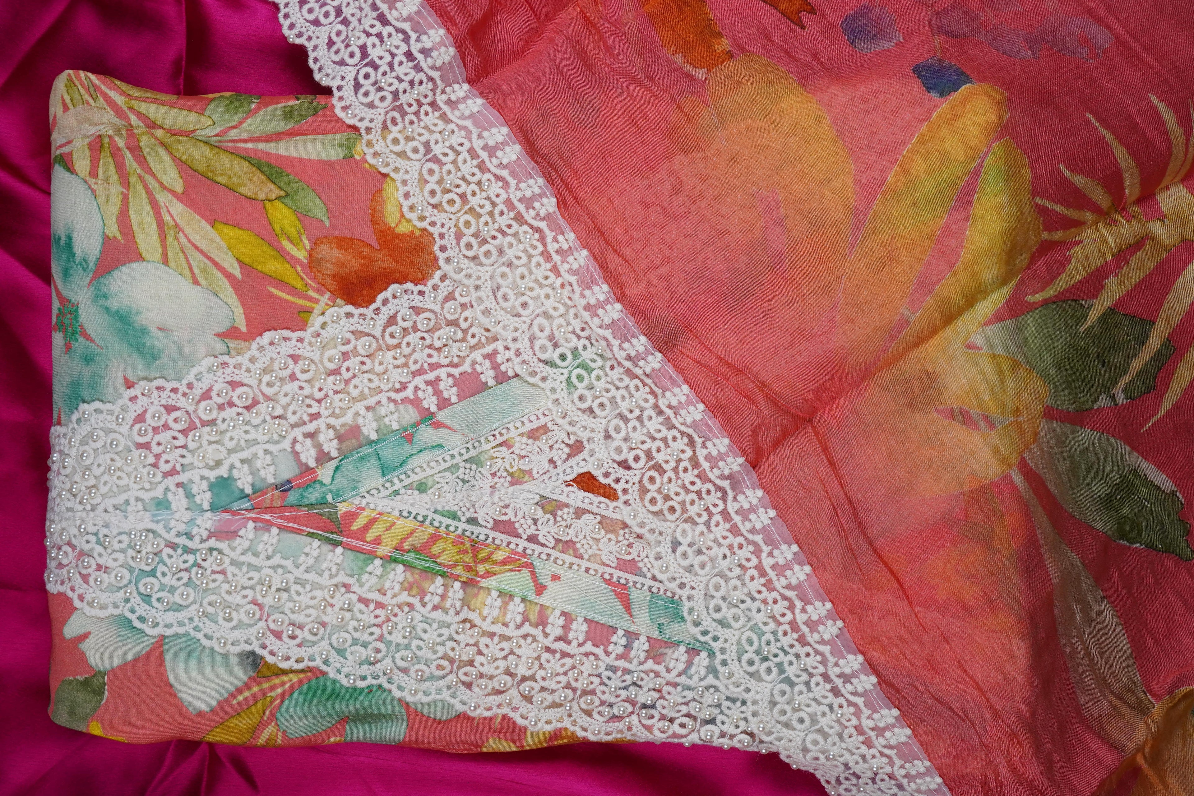 coral semi crepe threadwork unstitched salwar suit