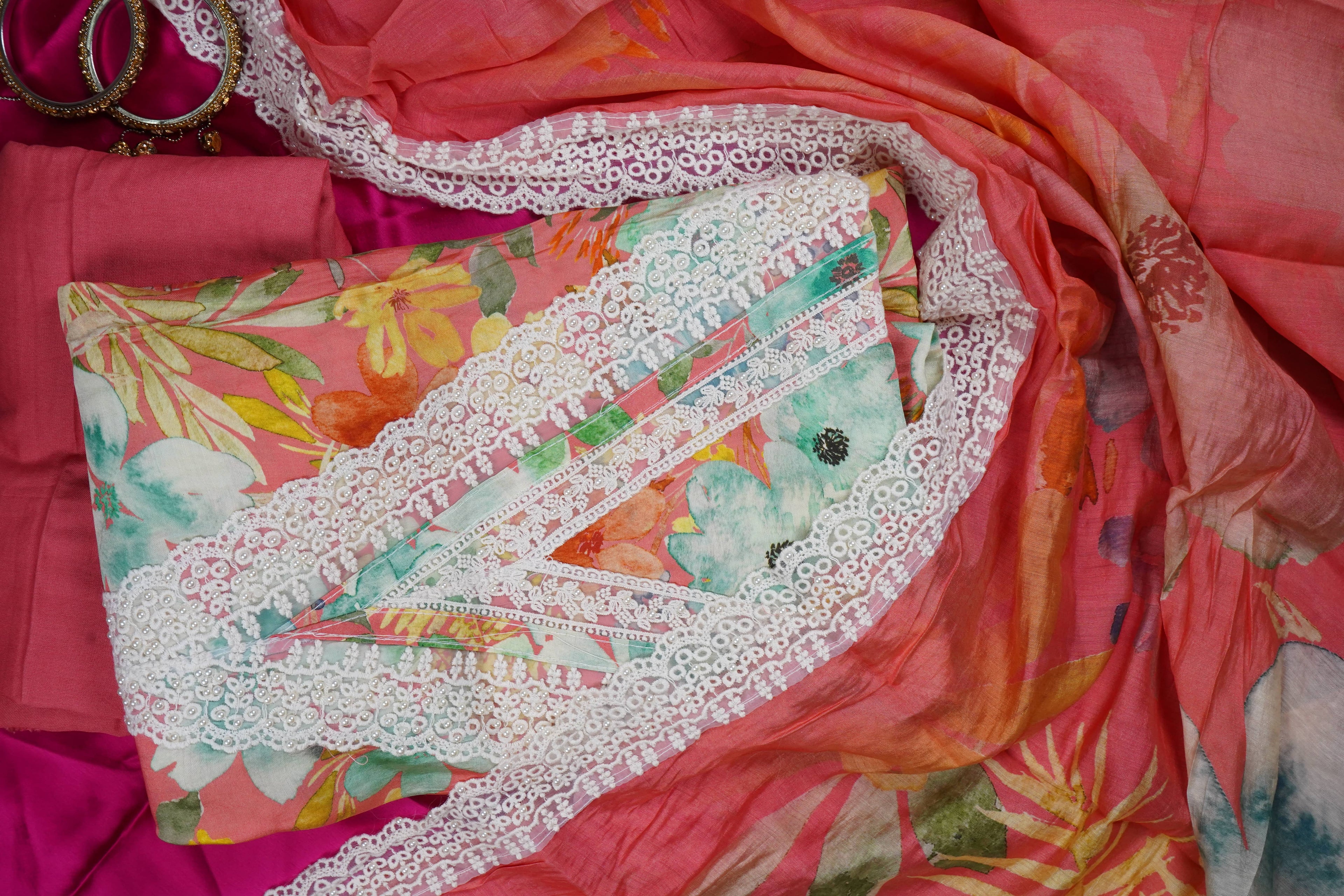 coral semi crepe threadwork unstitched salwar suit