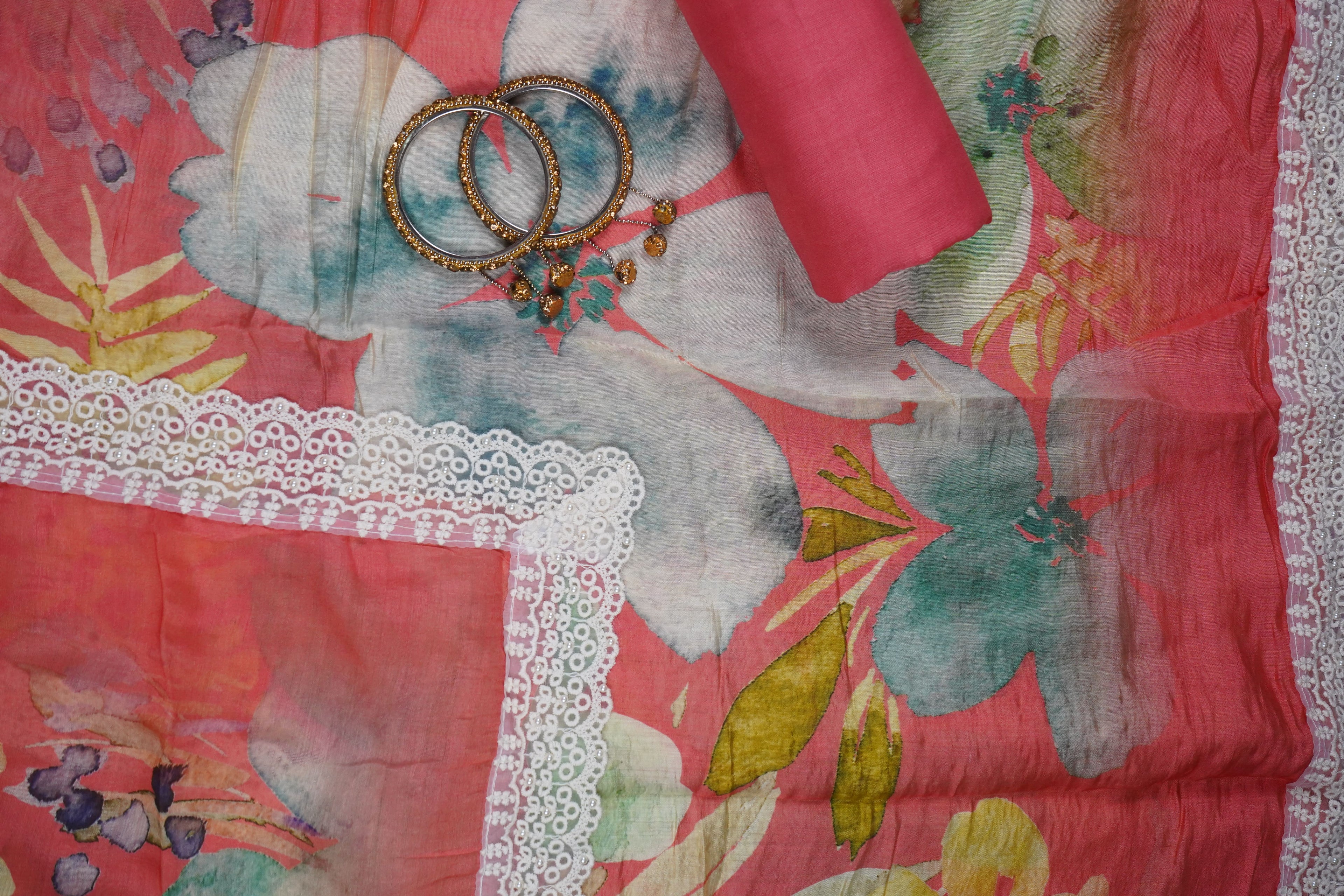 coral semi crepe threadwork unstitched salwar suit