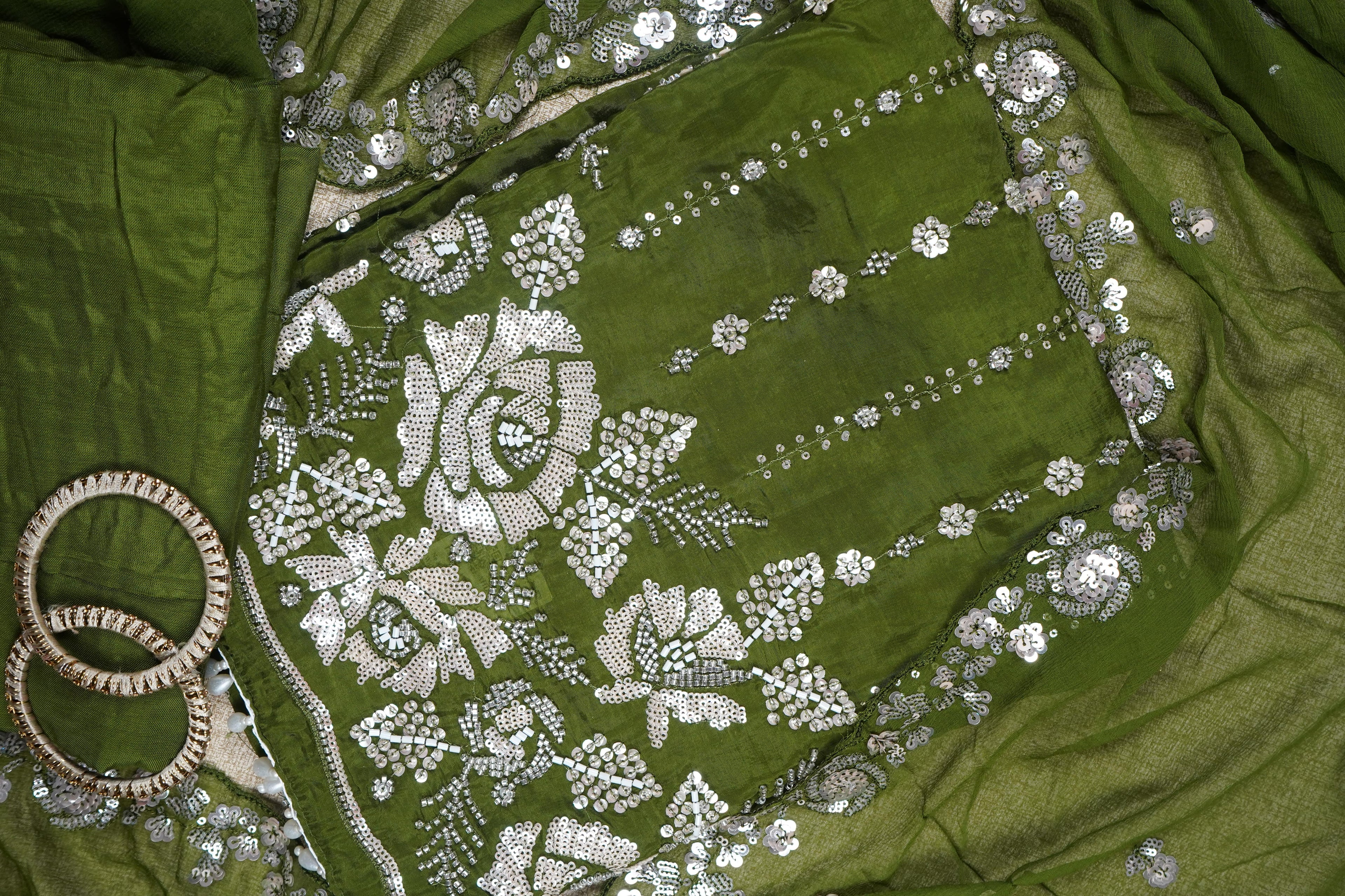 green sequins organza unstitched salwar