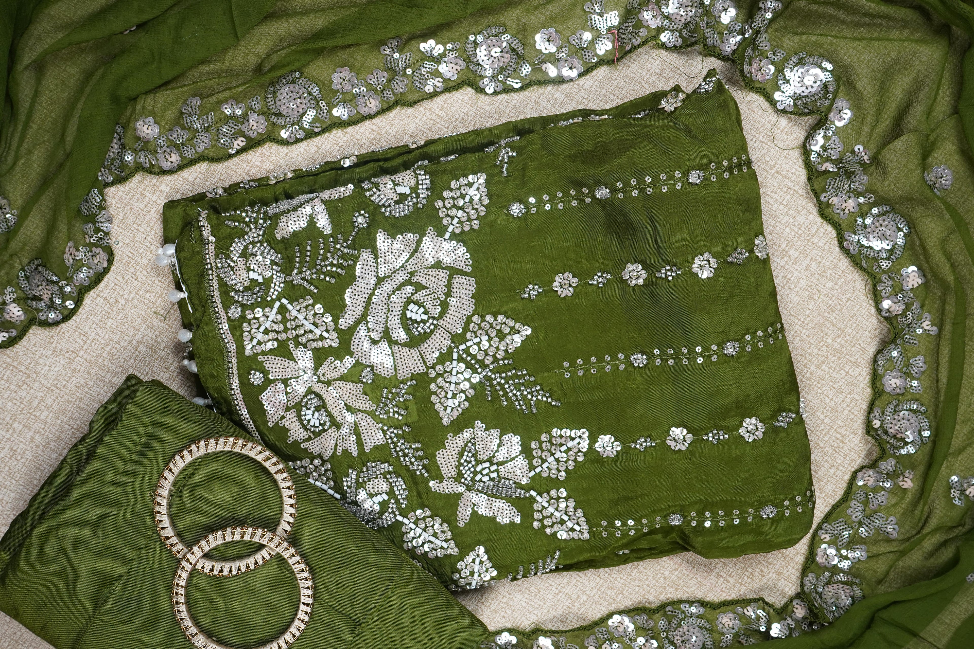 green sequins organza unstitched salwar