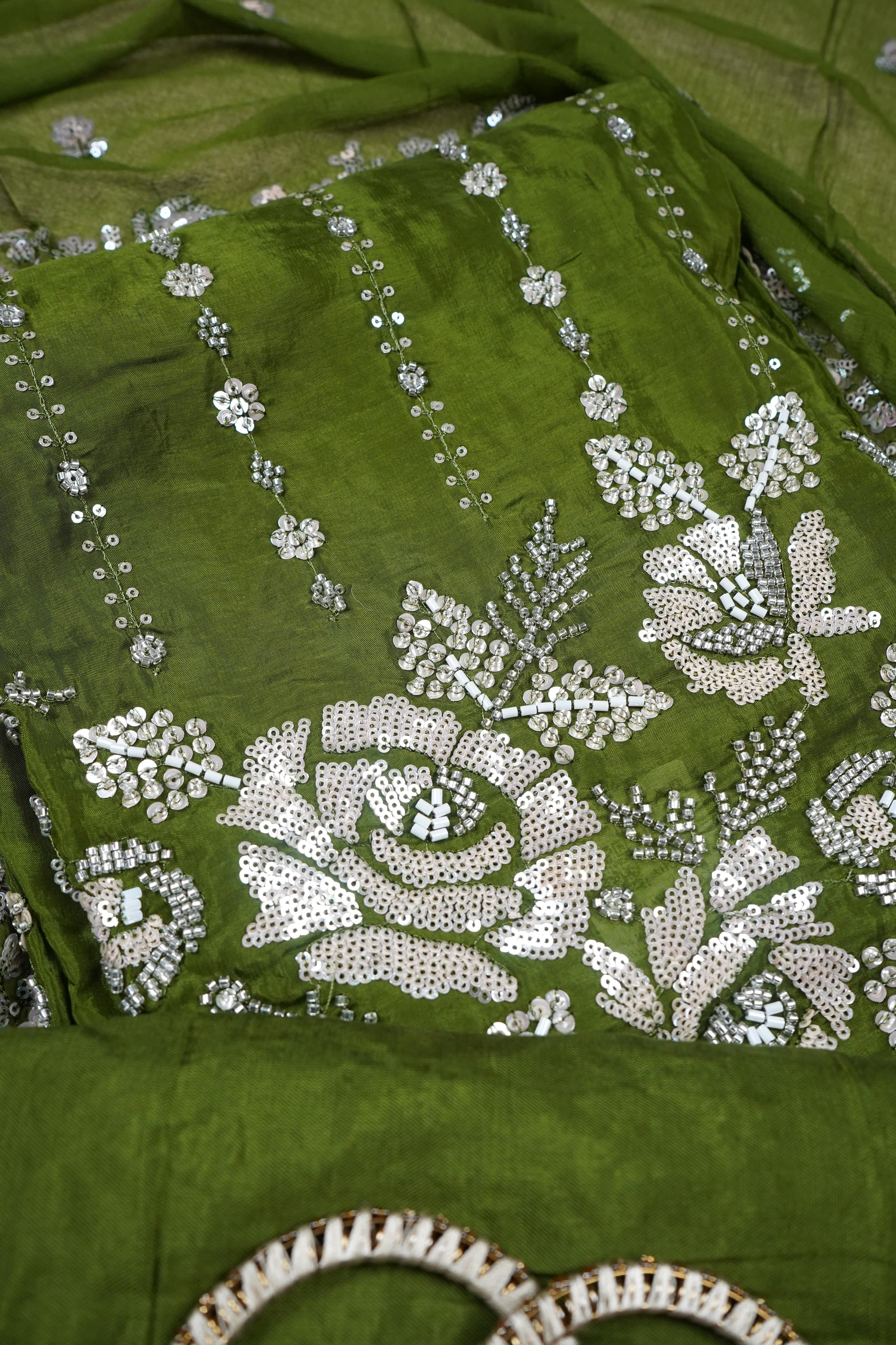green sequins organza unstitched salwar