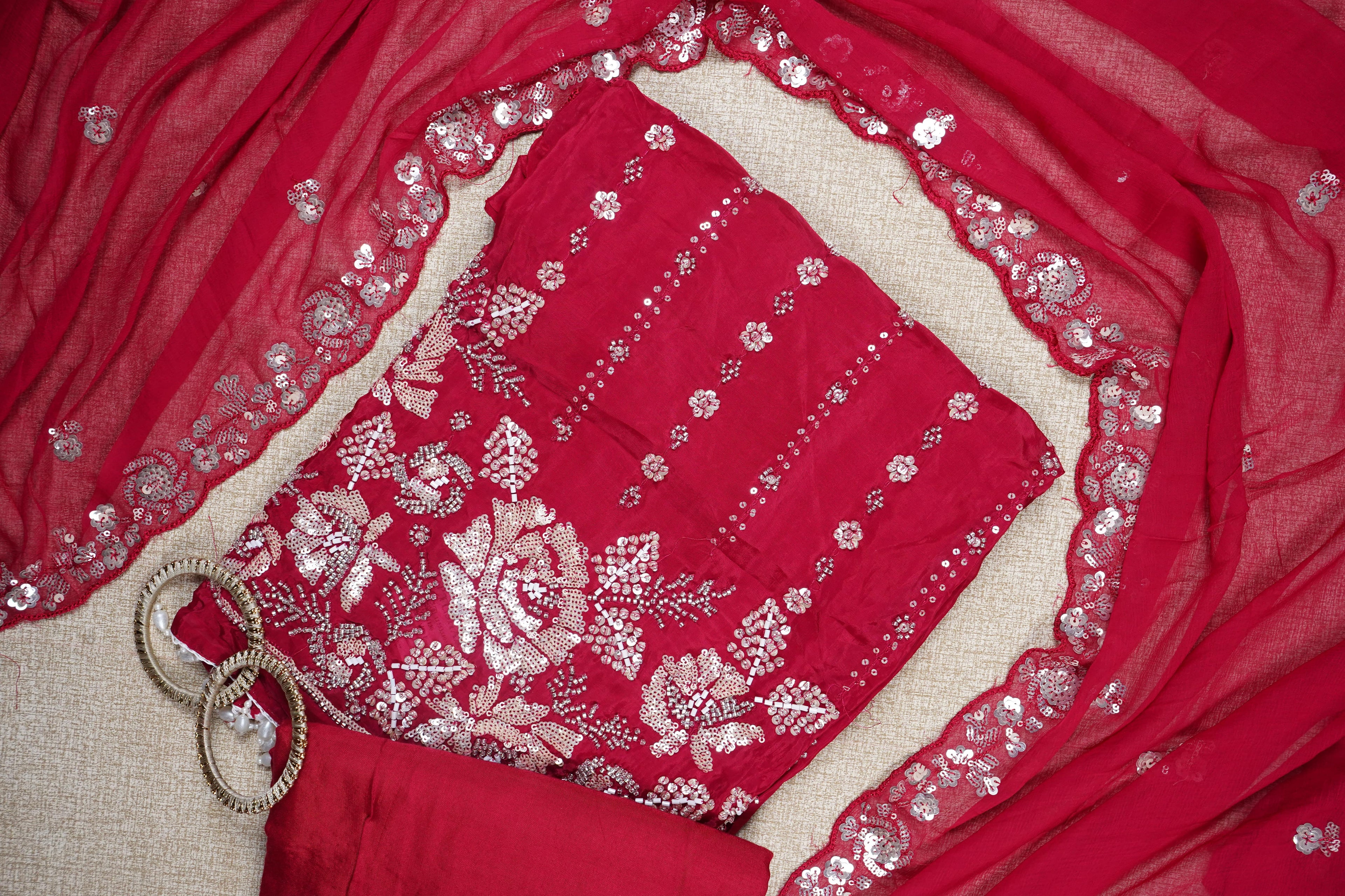 pink sequins organza unstitched salwar