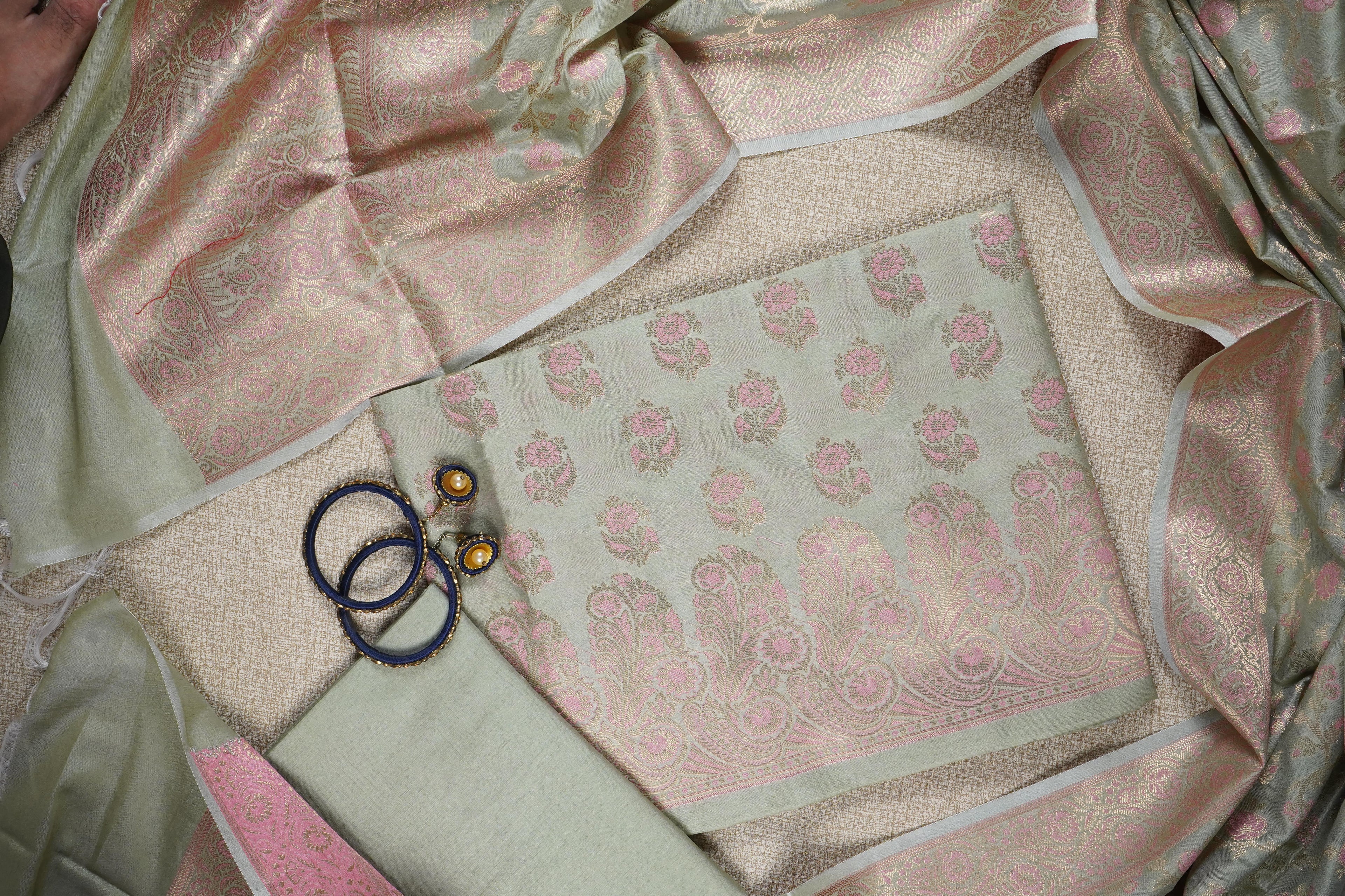 sage green banarsi silk unstitched salwar suit