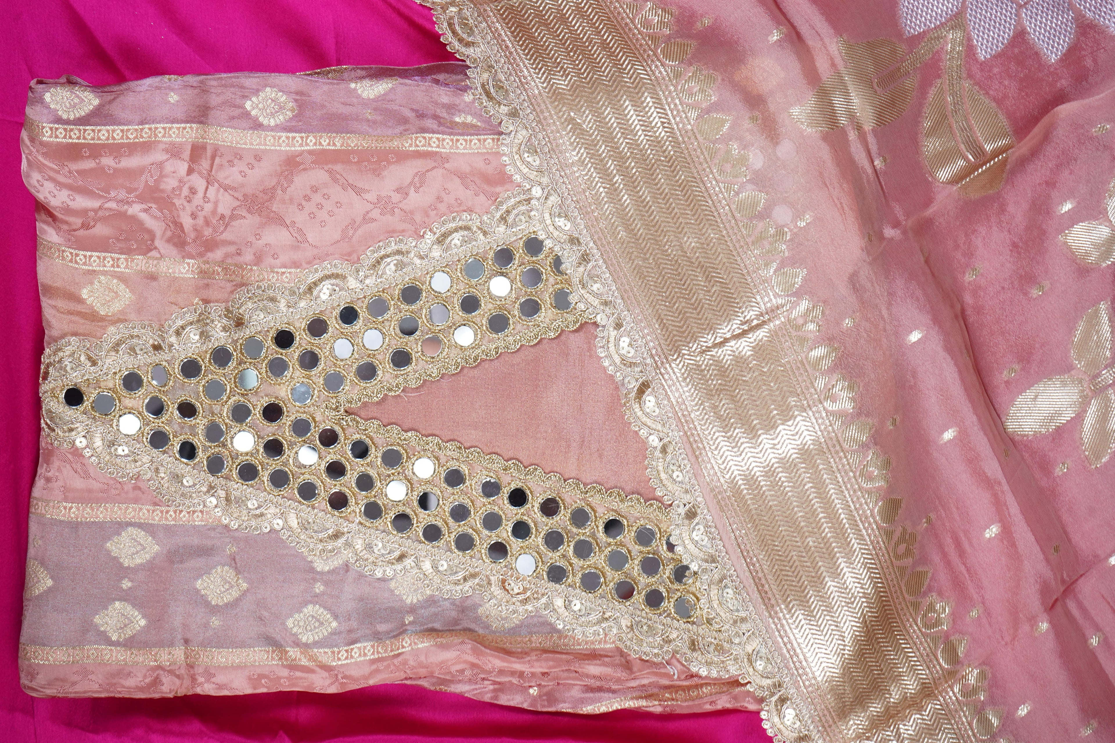 peach mirrorwork banarasi silk unstitched salwar suit