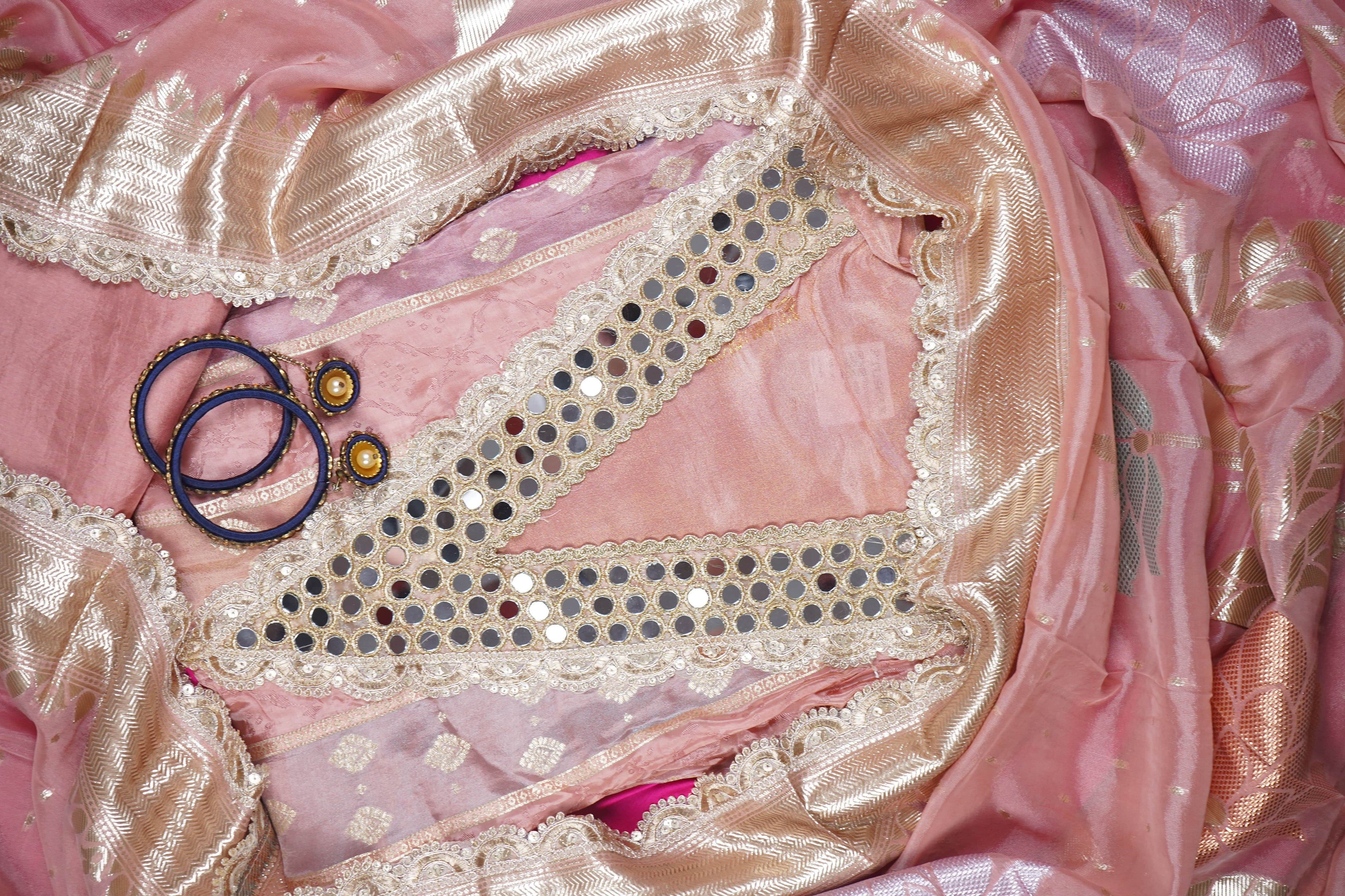 peach mirrorwork banarasi silk unstitched salwar suit