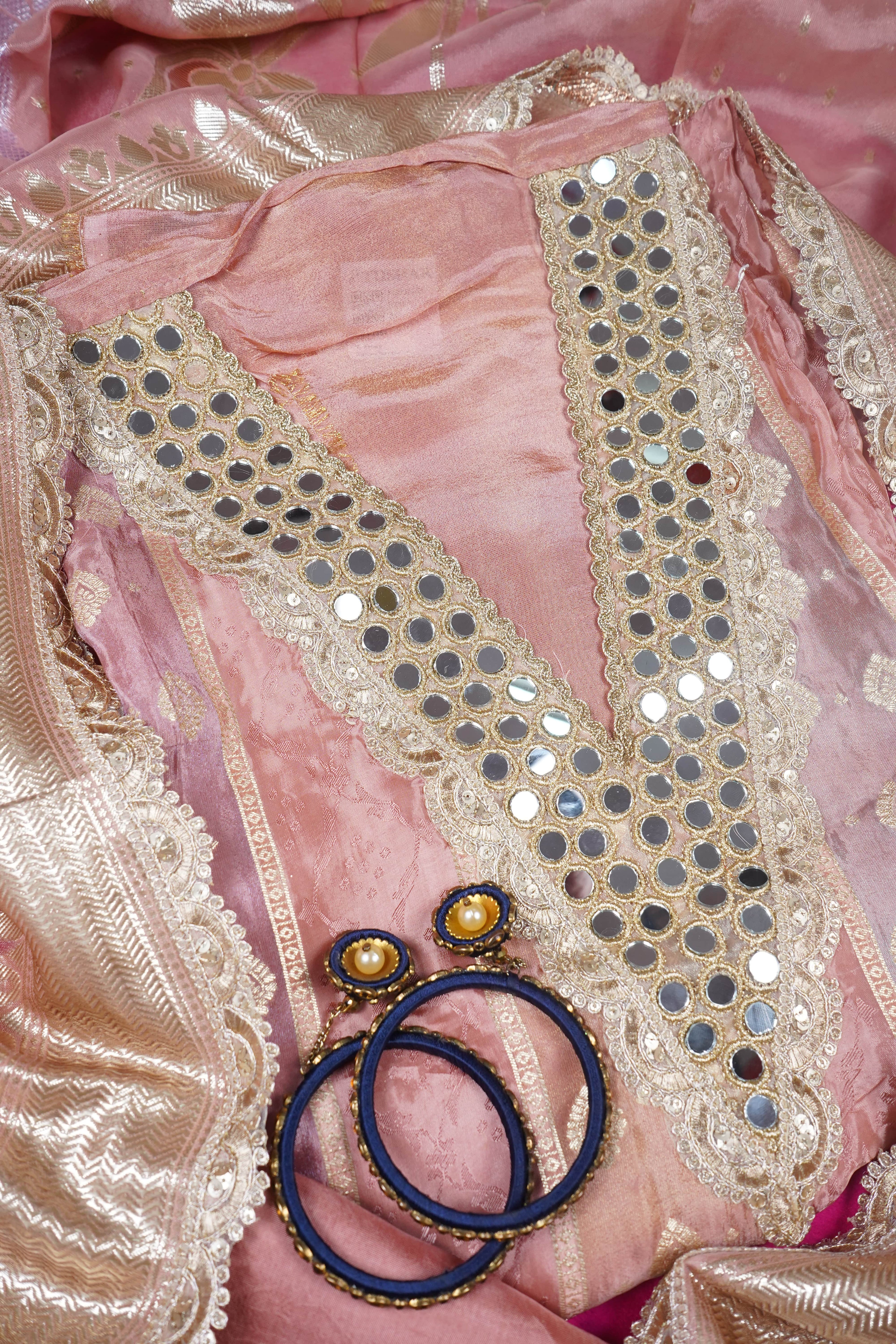 peach mirrorwork banarasi silk unstitched salwar suit