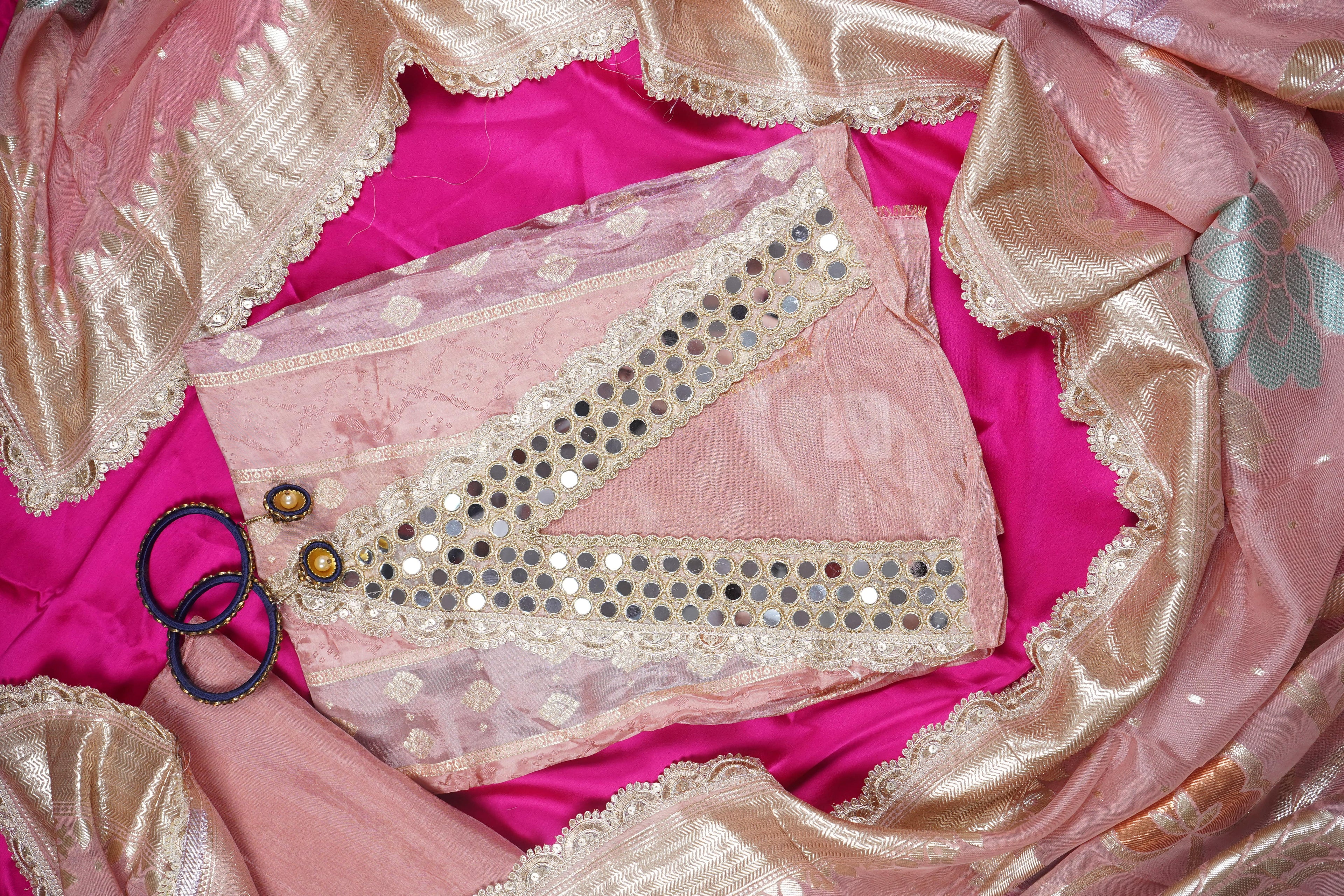 peach mirrorwork banarasi silk unstitched salwar suit