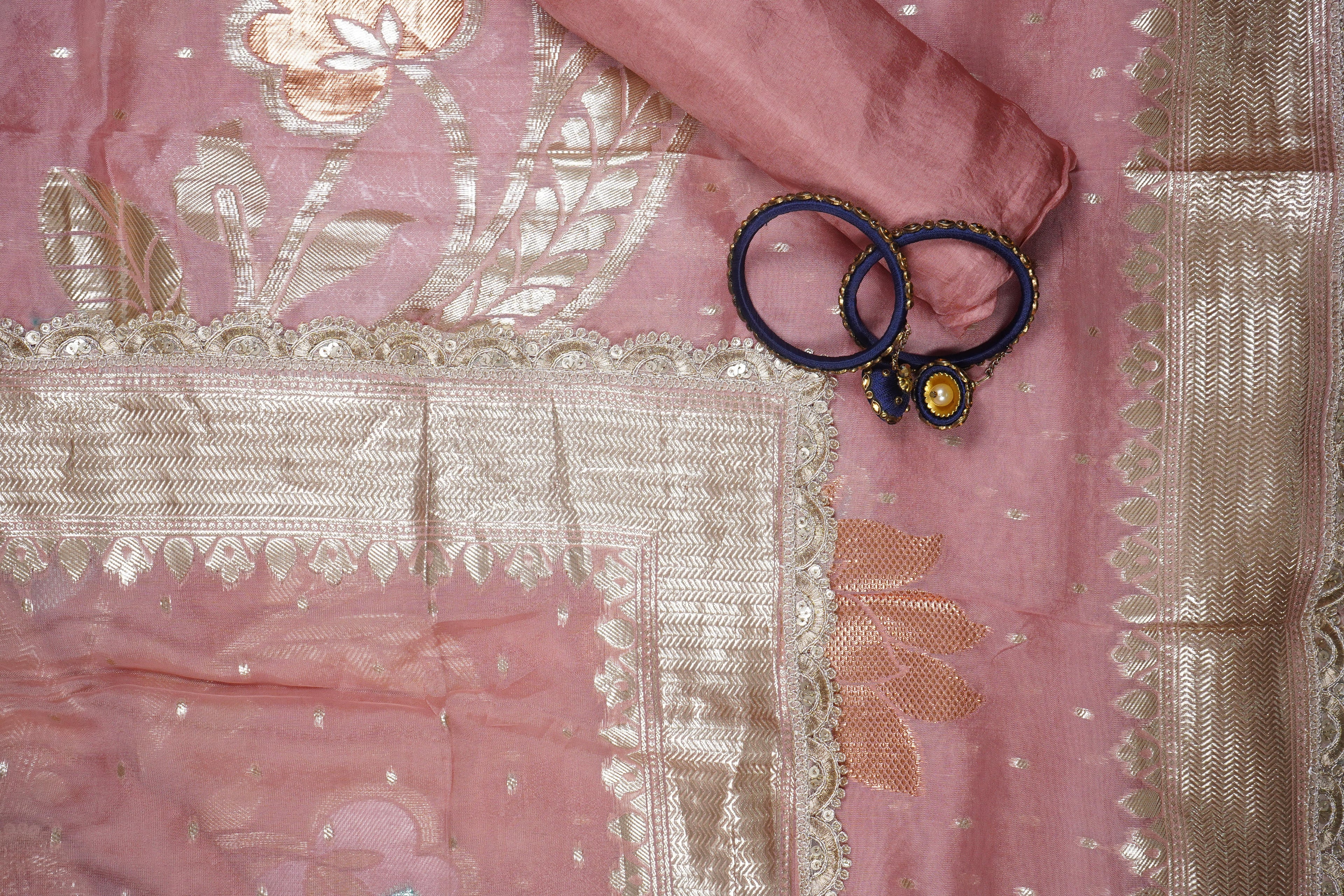 peach mirrorwork banarasi silk unstitched salwar suit