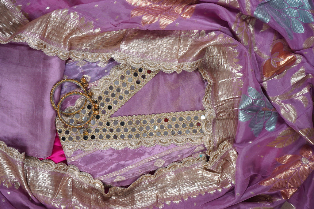 purple mirrorwork banarasi silk unstitched salwar suit