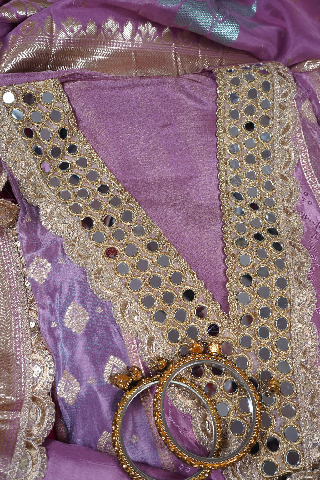 purple mirrorwork banarasi silk unstitched salwar suit