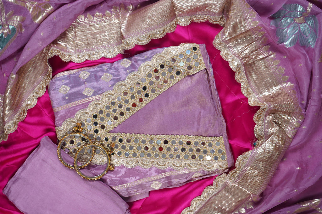 purple mirrorwork banarasi silk unstitched salwar suit