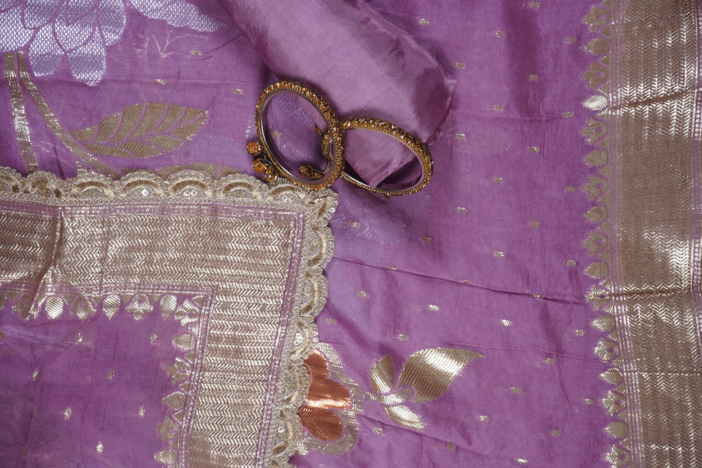 purple mirrorwork banarasi silk unstitched salwar suit