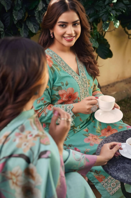 turquoise blue floral masleen unstiched salwar suit